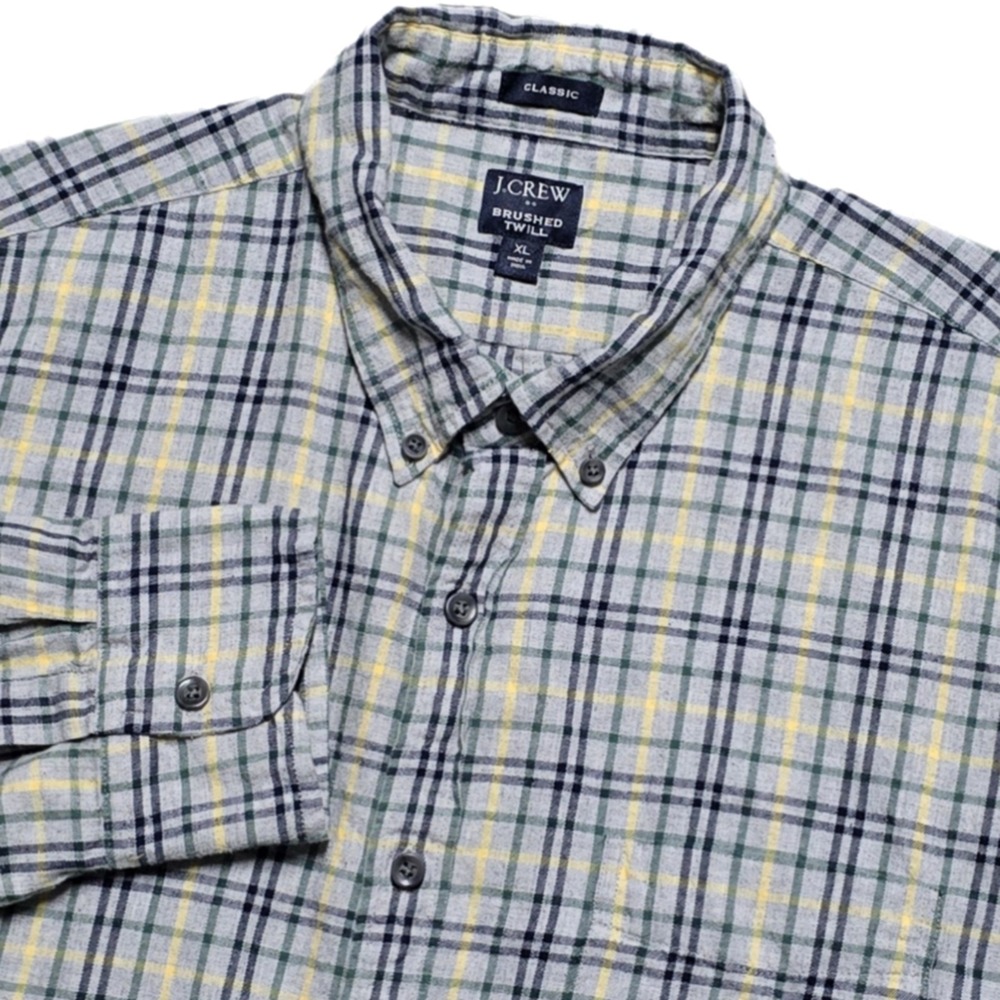 J Crew Brushed Twill Button Down Flannel‎ Shirt Mens XL Gray Plaid Classic Fit